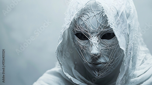 Mysterious figure in a white mask and hood creating an eerie atmospheric scene.