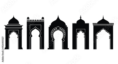 A series of ornate indian archways presented as a black silhouette