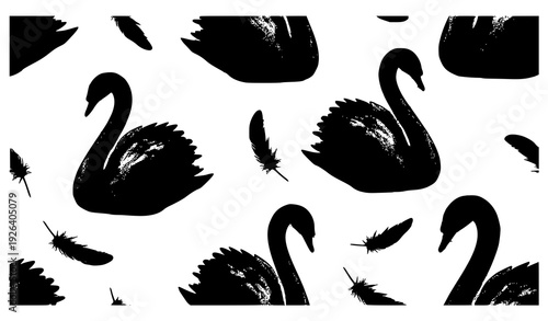 Delicate Watercolor White Swans and Grey Feathers Seamless Pattern