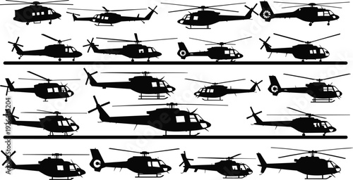 Set of various helicopter black silhouettes isolated on white background including civil transport military aircraft chopper icons and aviation vector design elements