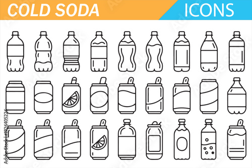 Cold Soda and Soft Drink Bottle Icons Outline Vector Set