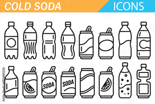 Cold Soda Bottle Icons Set – Soft Drink, Fizzy Beverage and Carbonated Soda Outline Vector Collection for Refreshment and Packaging Design
