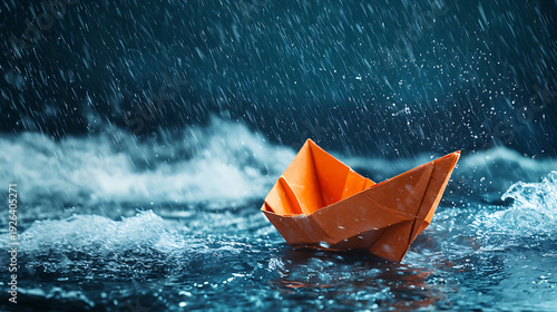 Orange paper boat navigating through stormy seas during heavy rain.