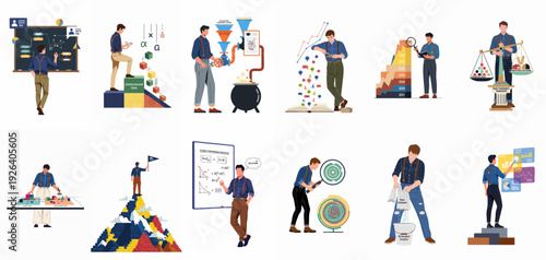 Comprehensive illustration of data science and analytics concepts, from raw data processing and machine learning to business intelligence and strategic decision-making.