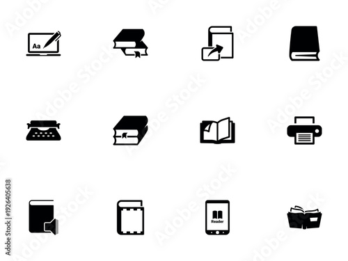 Black Glyph Icons for Reading Writing Printing and Ebook Functionality