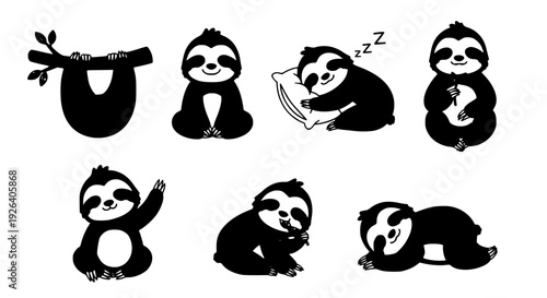 Cute Sloth Cartoon Vector Set – Adorable Lazy Animal Poses Collection
