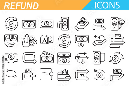 Payment Processing and Refund Line Art Vector Icons
