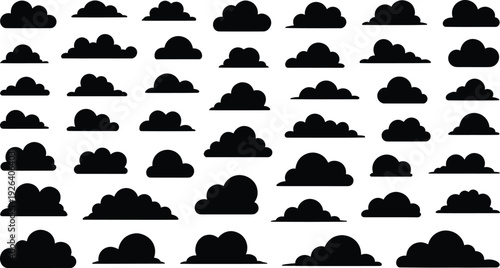 Black cloud silhouette collection with various shapes, weather icon set, flat vector illustration elements isolated on white background for graphic and web design