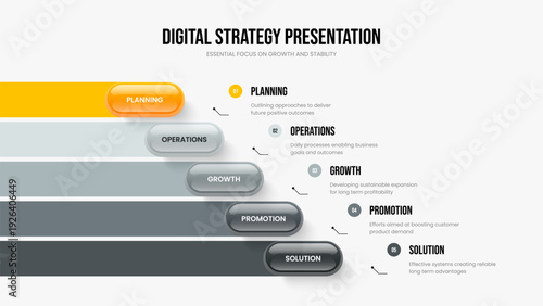 Marketing Campaign Presentation Design Vector Illustration. Product Briefing Five Option Diagram Slide Layout. Project Profile 5 Element Infographic Frame Template.