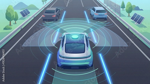 Autonomous Vehicle Using Advanced Sensors and Radar Technology on Smart Highway, Self Driving Car System and Intelligent Transportation Concept, Transport and Technology Flat Illustration