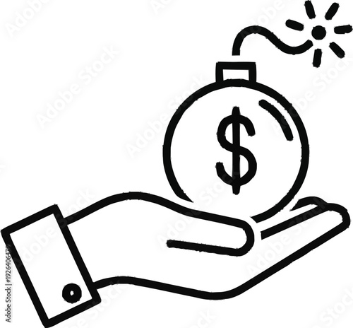 Creative concept illustration of hand holding money bomb with dollar sign symbolizing financial risk and debt crisis