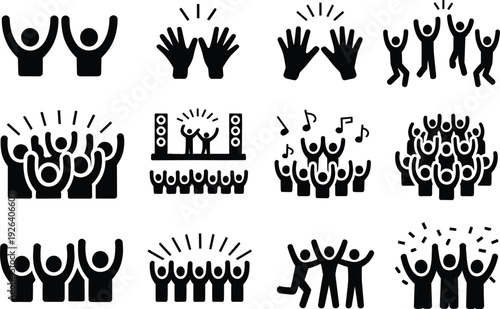 Crowd celebration icons set with cheering people, raised hands, music concert audience silhouettes, party and festival symbols, black vector illustration isolated on white background