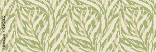 Seamless abstract leafy pattern with layered tropical foliage in soft beige, cream and olive green tones. Modern camouflage style for fabric, wallpaper and packaging design