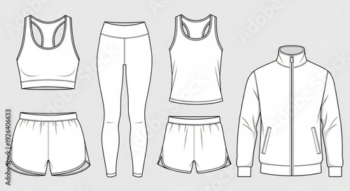 Athletic clothing set including sports bra leggings shorts and jacket in a line drawing style on a light gray background