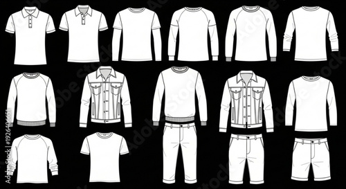 Collection of various white clothing items on black background including shirts tops jackets and pants for fashion design and mockup purposes