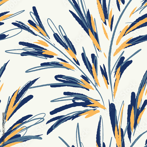 Seamless tropical vector pattern with abstract palm leaves in deep navy, blue, and warm orange tones on a light neutral background. Modern hand drawn botanical design for textiles and decor