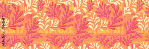 Seamless tropical vector pattern with coral pink leaves and warm yellow foliage on a vibrant orange background. Hand drawn abstract botanical design for textiles and decor