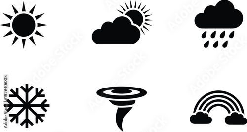 Weather icons set with sun, cloud, rain, snowflake, tornado and rainbow symbols, black silhouette vector illustration isolated on white background