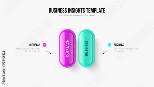 Market Solution Two Step Diagram Frame Design. Marketing Forecast Slide Layout Vector Illustration. Product Innovation 2 Element Infographic Presentation Template.