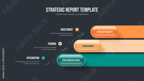 Market Insight Presentation Design Vector Illustration. Project Planning Three Element Diagram Slideshow Layout. Business Strategy 3 Option Infographic Frame Template.