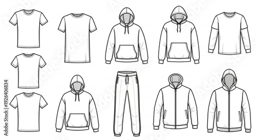 Collection of casual clothing items including hoodies t shirts and sweatpants in line art style on white background