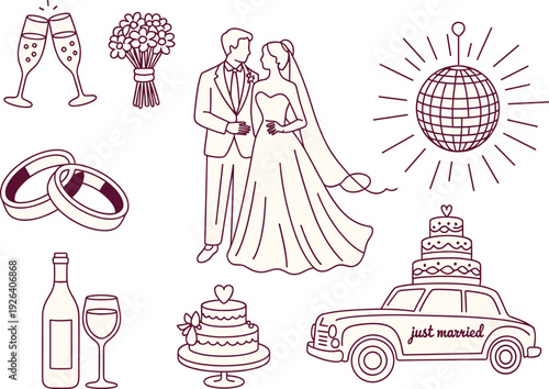 Wedding line art illustration set with bride and groom couple, champagne glasses, rings, cake, bouquet, disco ball, just married car icons collection