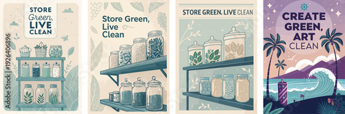 Aesthetic illustrations promoting eco-friendly storage and a clean lifestyle.