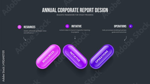 Creative Visualization Frame Design Vector Illustration. Enterprise Launch Three Step Diagram Presentation Layout. Service Briefing 3 Option Infographic Slide Template.