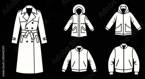 Collection of five different white jackets and coats on black background including trench coat hooded jackets and casual sweatshirts