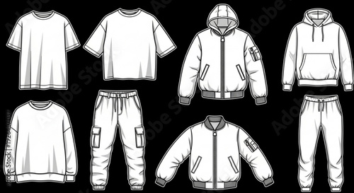 Collection of white casual clothing items including hoodies t shirts and sweatpants on black background