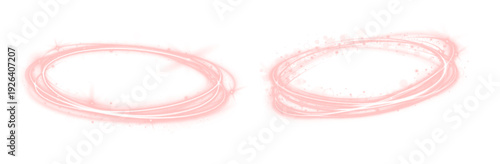 Hovering coral loop with sparkling neon dust. Tiny electric particles swirl dynamically around circular frame. Modern abstract design perfect for PNG.