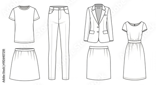 Fashion illustration of women's clothing set including tops bottoms and outerwear on white background
