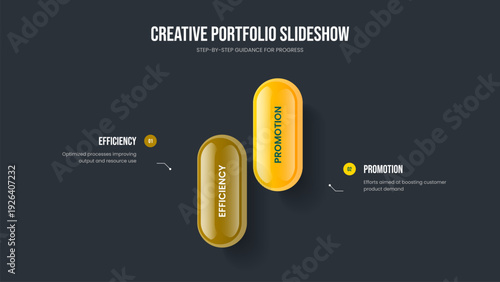 Company Profile Two Element Diagram Presentation Template. Service Performance Slide Design Vector Illustration. Product Growth 2 Step Infographic Frame Layout.