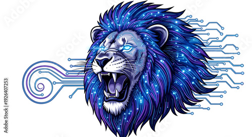 Digital Lion Head with Circuit Lines.