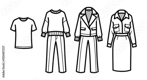 Collection of various stylish clothing items including t shirt sweater pants jacket and skirt in a simple line drawing style on a white background