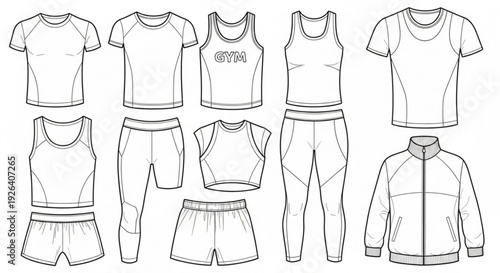Collection of various athletic wear clothing items including tops and bottoms for fitness and workout routines in a line drawing style