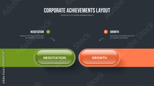 Business Briefing Slideshow Layout Vector Illustration. Visual Showcase Two Option Diagram Frame Template. Financial Portfolio 2 Element Infographic Slide Design.