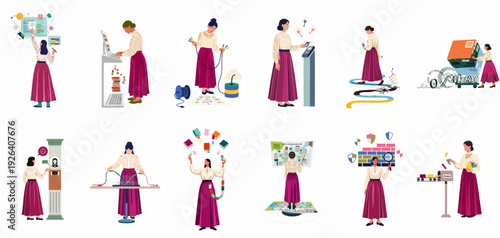 Women professionals managing diverse data, technology, and information processes, blending historical fashion with modern digital tasks in an illustrative montage.