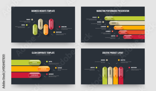 Product Overview 4 5 3 Option Diagram Frame Design Bundle. Project Campaign Four Five Three Element Infographic Slide Template Vector Illustration Collection.