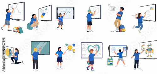 Kids Engage with Interactive Whiteboards, Exploring Geometry, Art, and STEM Concepts in a Modern Digital Learning Environment.