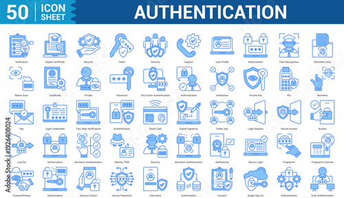 Authentication blue style editable Icon Set Collection Concept With Icon Of verification, digital certificate, security, token, security, support, user profile, and more. Illustration eps 10