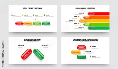 Sales Performance 4 5 2 3 Step Infographic Presentation Design Bundle. Investor Solution Four Five Two Three Option Diagram Frame Template Vector Illustration Set.