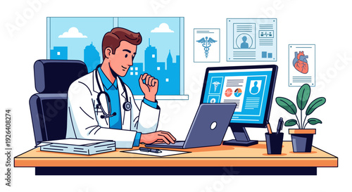 Doctor Working on Computer with Stethoscope.