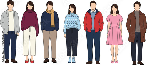 Diverse group of people in cozy autumn winter casual outfits sweaters scarves jackets dress coat vector illustration isolated on white background.