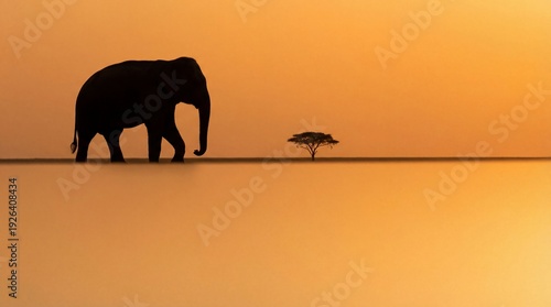 Thai elephant in tropical forest at golden sunset