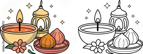 Diyas (oil lamps) Illustration and outline set isolated on transparent background