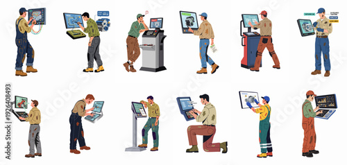 Skilled technicians using advanced digital diagnostic tools for engine repair, maintenance, and system analysis in a modern automotive or industrial setting.