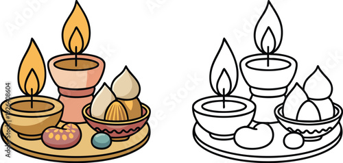 Diyas (oil lamps) Illustration and outline set isolated on transparent background