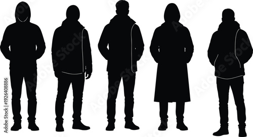 Diverse group of people in hooded winter jackets coats parkas standing poses black silhouette vector illustration street outerwear fashion