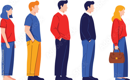 Diverse group of people in profile view colorful casual outfits sweaters shirts trousers bags vector illustration side standing isolated white background.